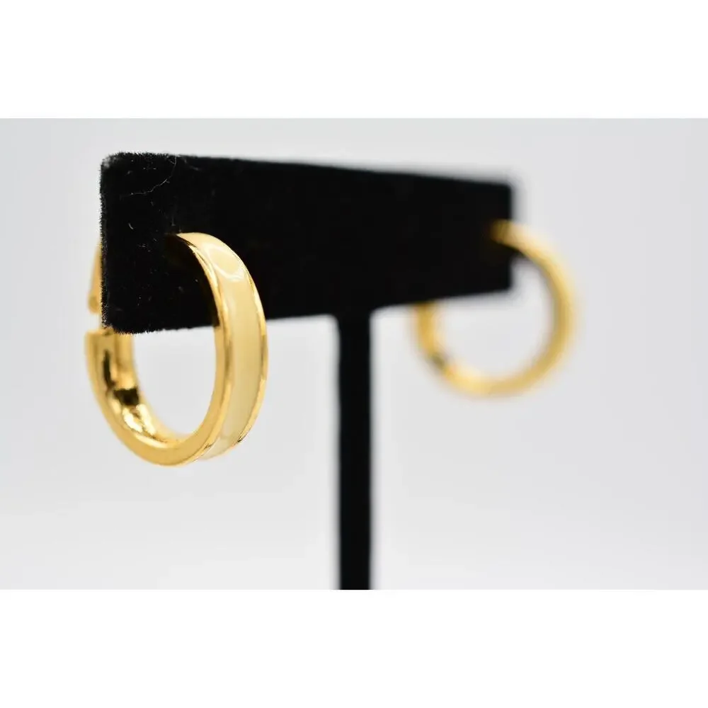 Crown Trifari Vintage Clip On Earrings Hoops Off White Enamel Gold Signed BinAB